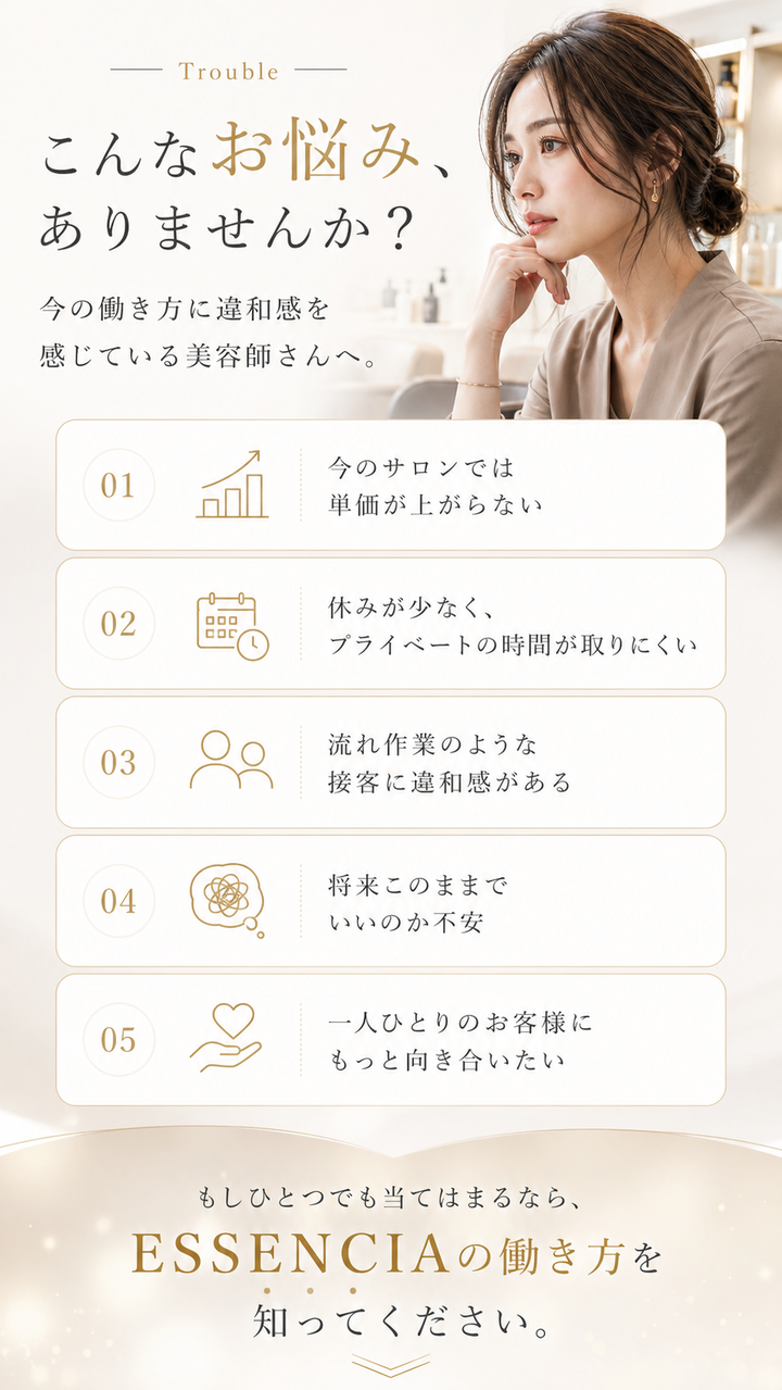 今の働き方への悩み:単価が上がらない、休みが少ない、流れ作業の接客に違和感、将来不安、お客様にもっと向き合いたい。